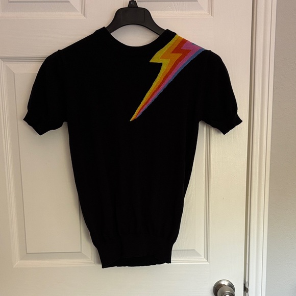 OXKnit Sweaters - Black Short-Sleeve Sweater with Rainbow Lightning Bolt
